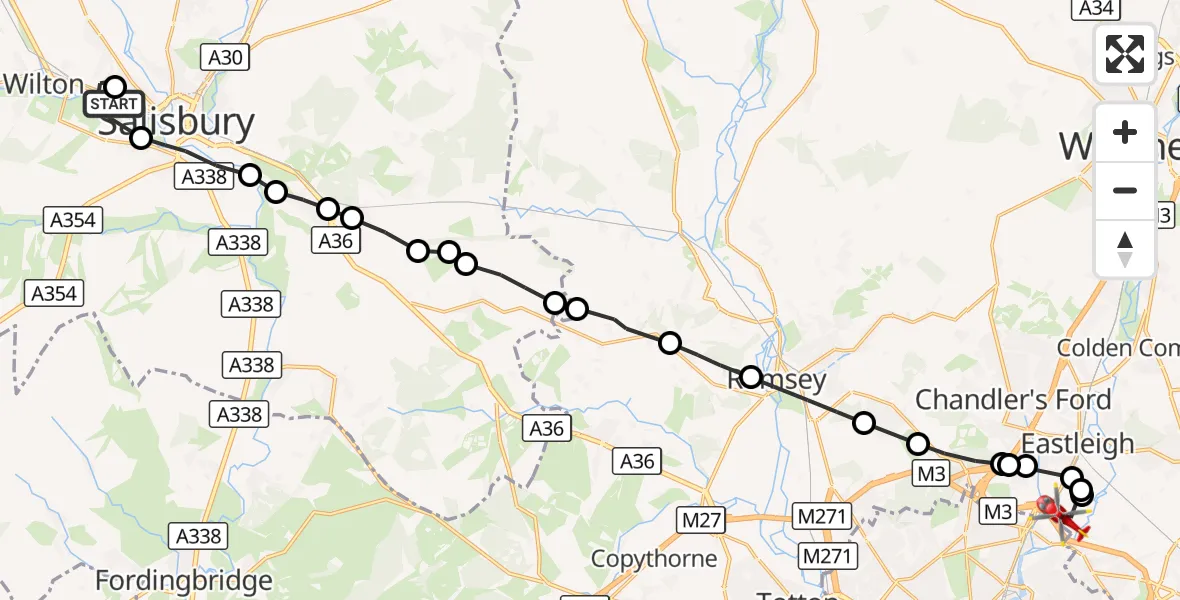 Flight route Air Ambulance Helicopter Salisbury - Southampton Airport, 16 August 2026, 21:44