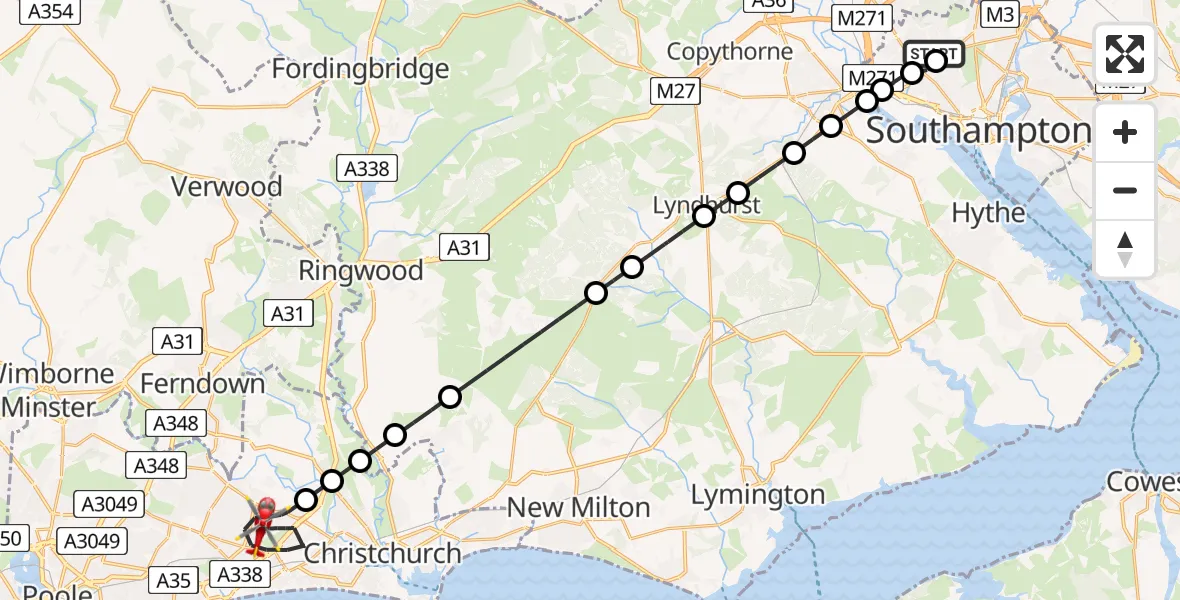 Flight route Air Ambulance Helicopter University Hospital Southampton - Bournemouth, 16 August 2026, 21:53