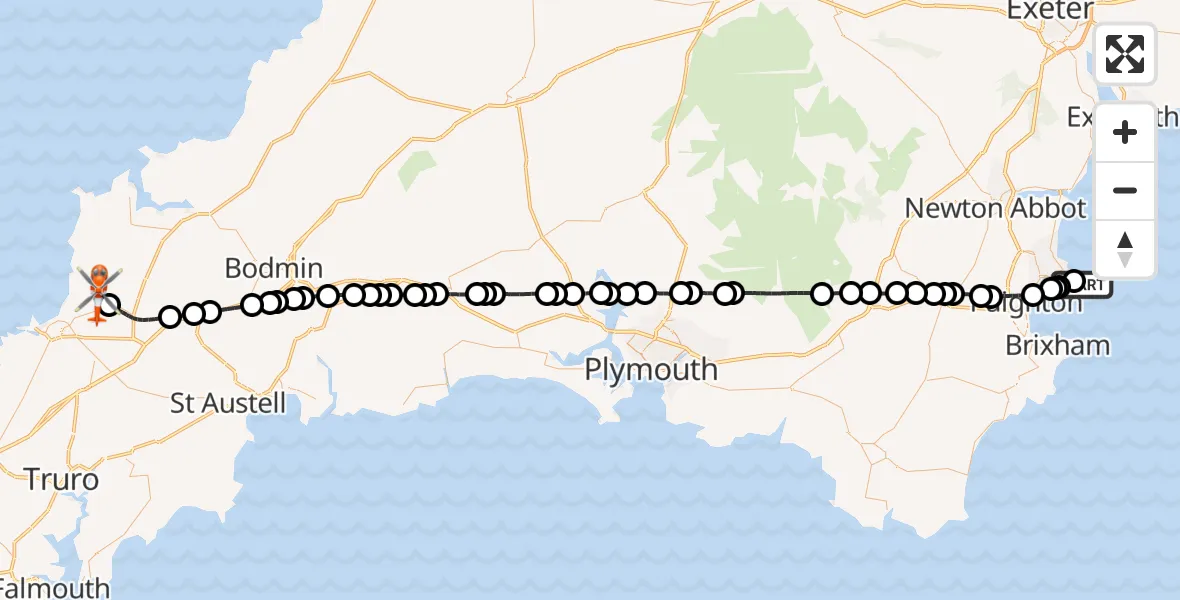 Flight route Coastguard Helicopter English Channel - Cornwall Airport Newquay, 16 August 2026, 22:10