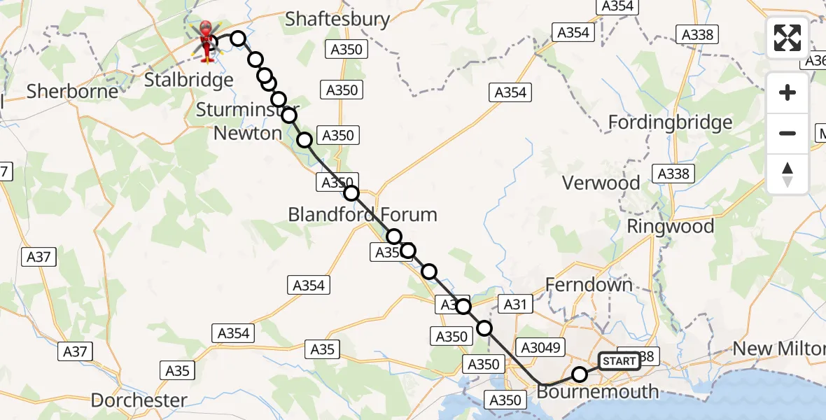 Flight route Air Ambulance Helicopter Bournemouth - Henstridge Airfield, 16 August 2026, 22:46
