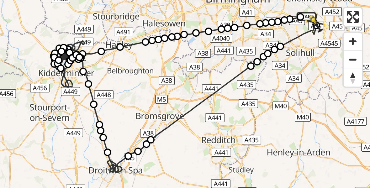 Flight route Police Helicopter Sheldon - Birmingham Airport, 17 August 2026, 00:43