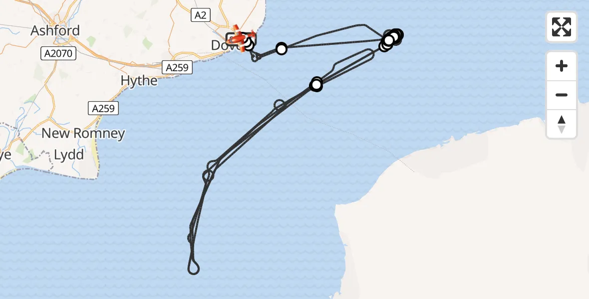 Flight route Coastguard Drone Langdon Battery Heliport - Swingate Airfield, 17 August 2026, 00:56