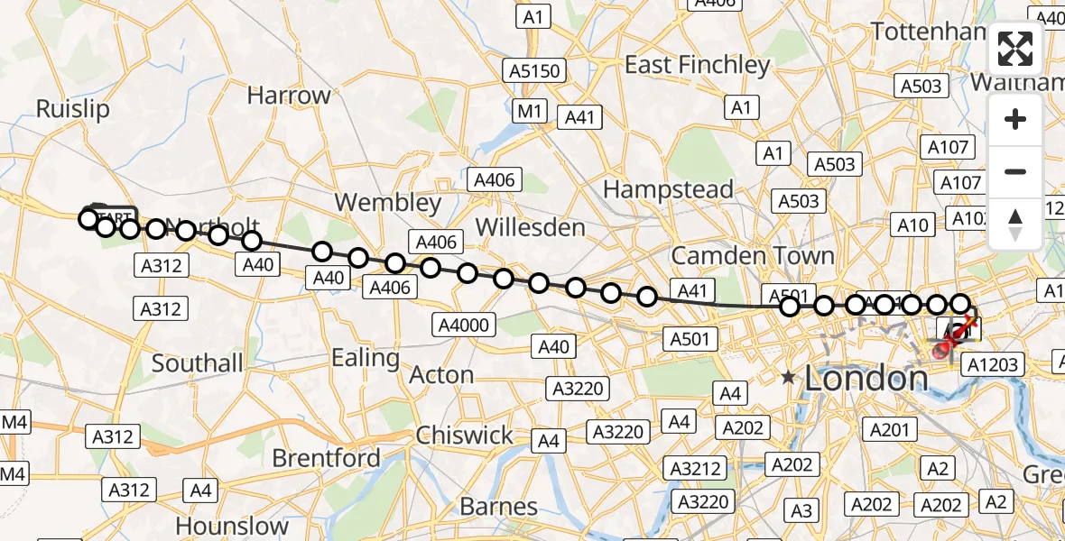 Flight route Air Ambulance Helicopter RAF Northolt - Royal London Hospital, 17 August 2026, 06:45