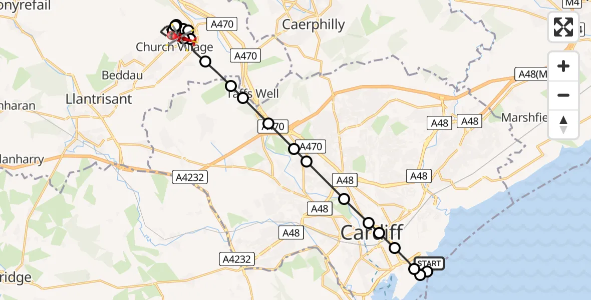 Flight route Air Ambulance Helicopter Cardiff Heliport - Hawthorn, 17 August 2026, 07:36