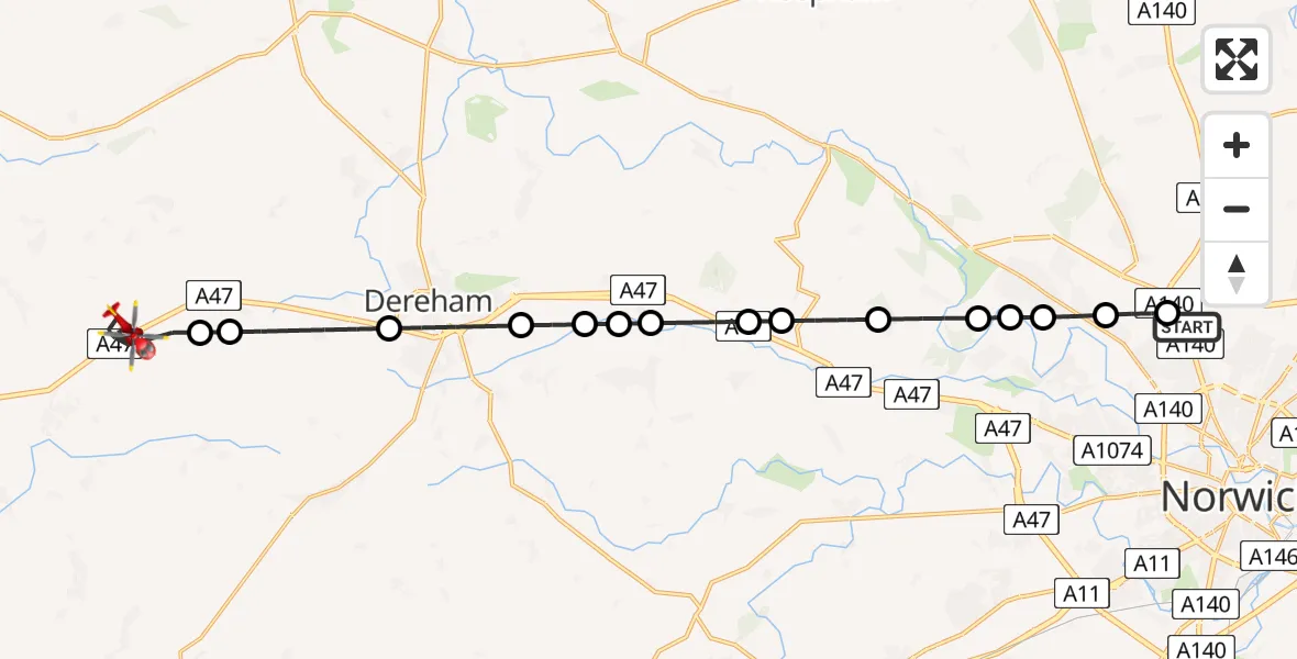 Flight route Air Ambulance Helicopter Norwich Airport - Little Fransham, 17 August 2026, 07:46