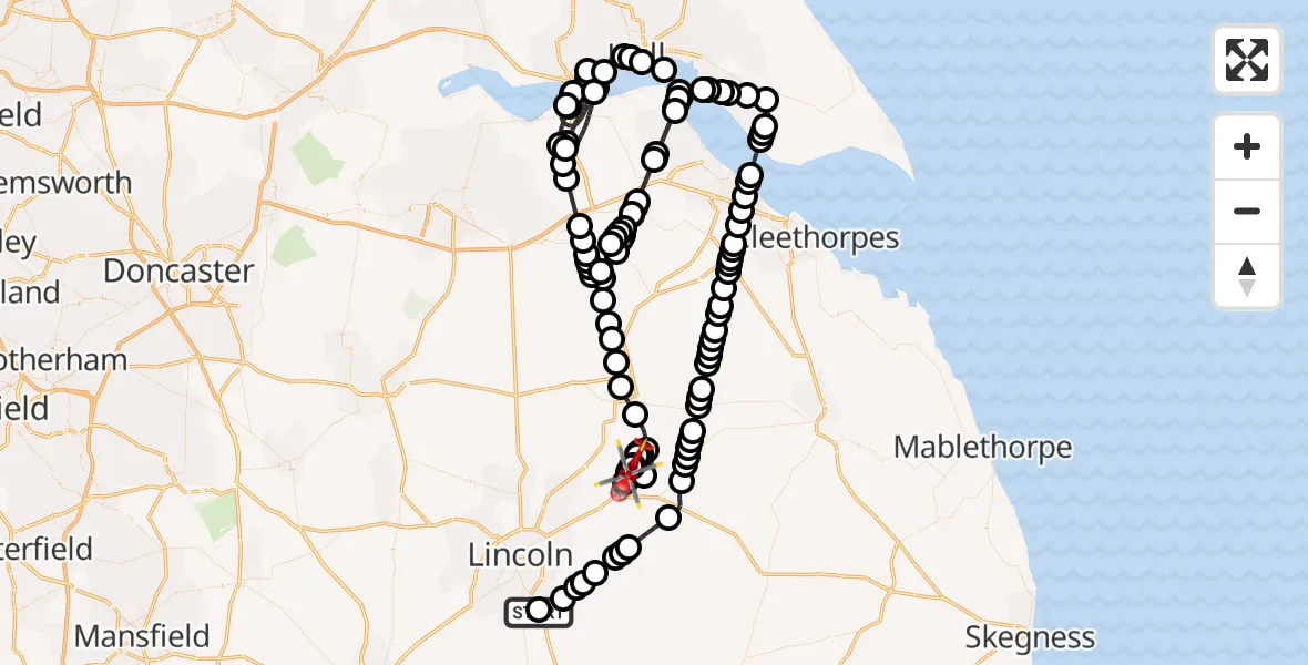 Flight route Air Ambulance Helicopter RAF Waddington - Wickenby Aerodrome, 17 August 2026, 08:19