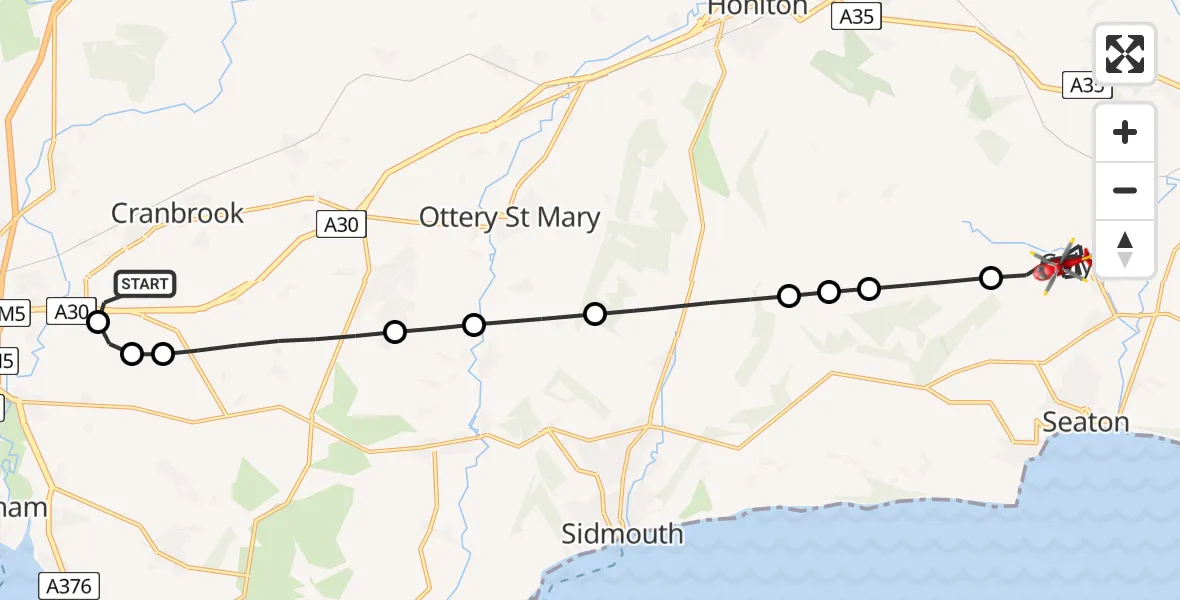 Flight route Air Ambulance Helicopter Exeter International Airport - Colyton, 17 August 2026, 08:33