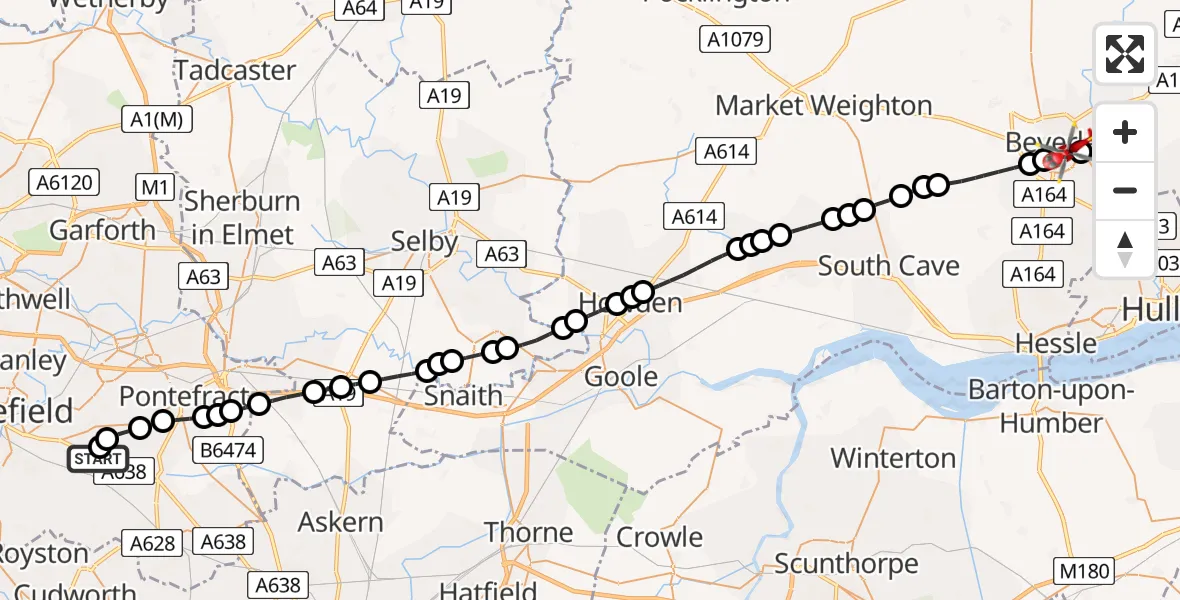 Flight route Air Ambulance Helicopter YAA Nostell Helicopter Port - Beverley, 17 August 2026, 08:35