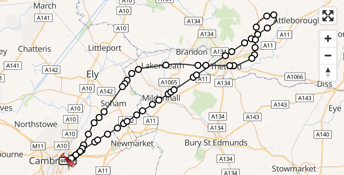 Flight route Air Ambulance Helicopter Cambridge City Airport - Cambridge City Airport, 17 August 2026, 08:46