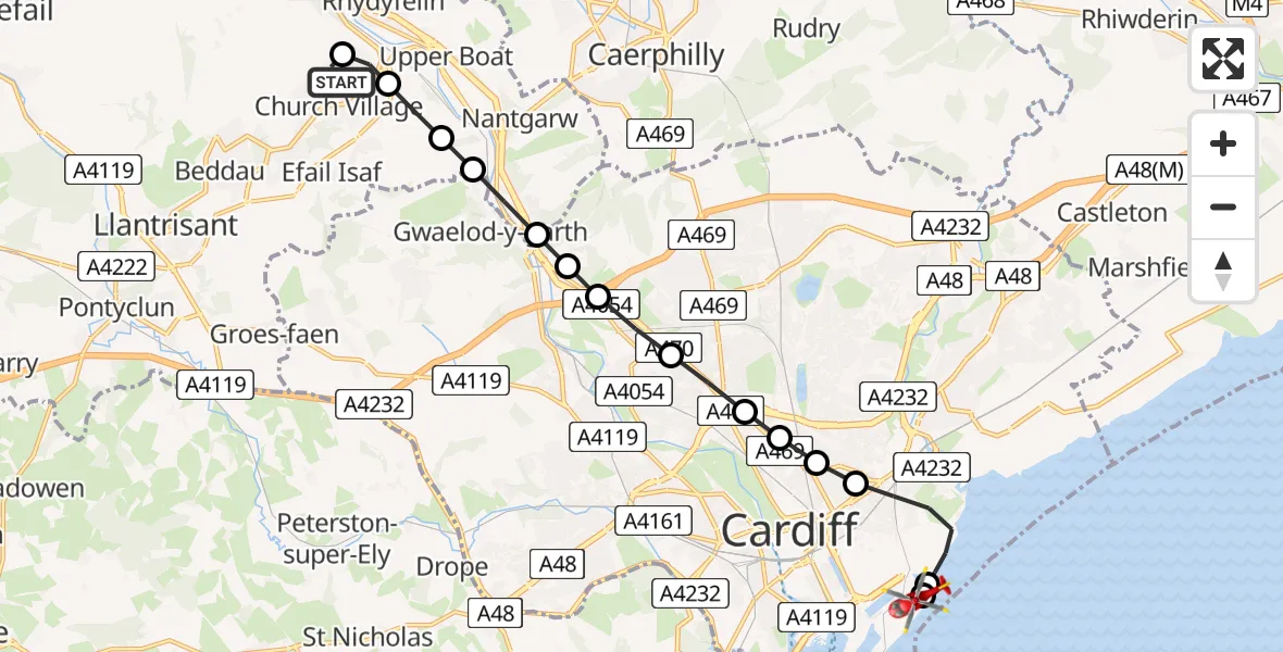 Flight route Air Ambulance Helicopter Hawthorn - Cardiff Heliport, 17 August 2026, 09:04