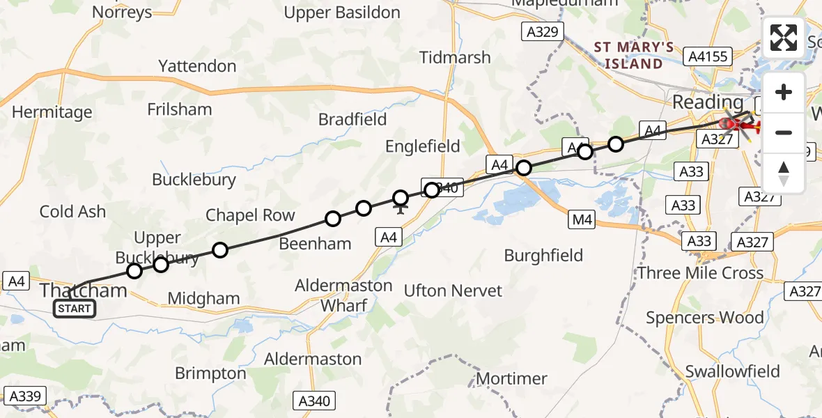 Flight route Air Ambulance Helicopter Thatcham - Royal Berkshire Hospital, 17 August 2026, 09:07