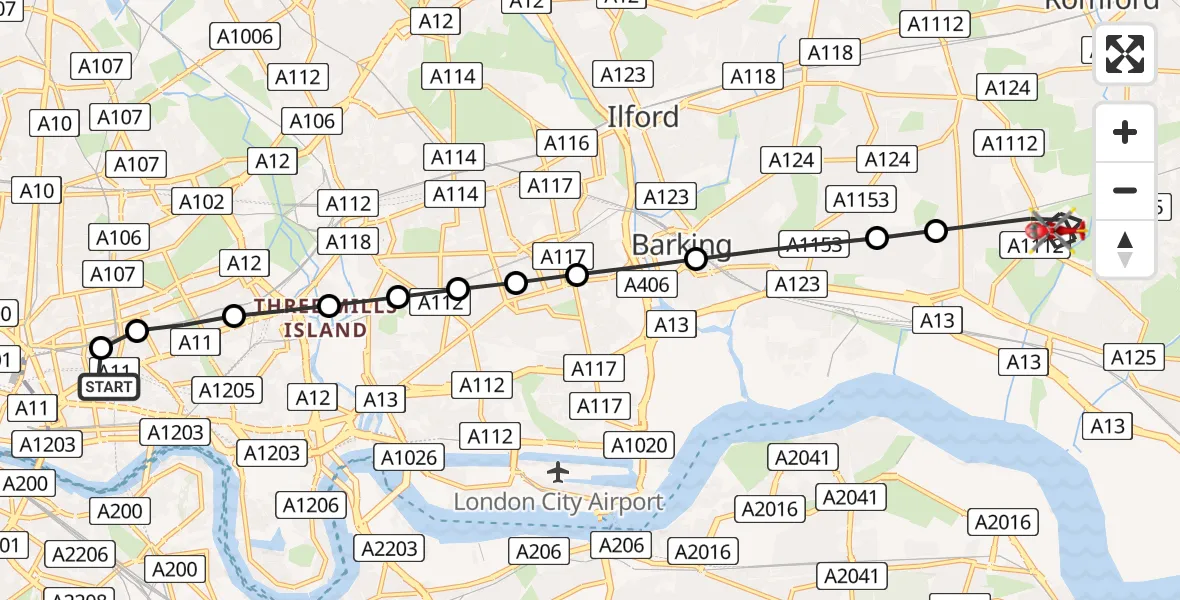 Flight route Air Ambulance Helicopter Royal London Hospital - Dagenham, 17 August 2026, 09:09