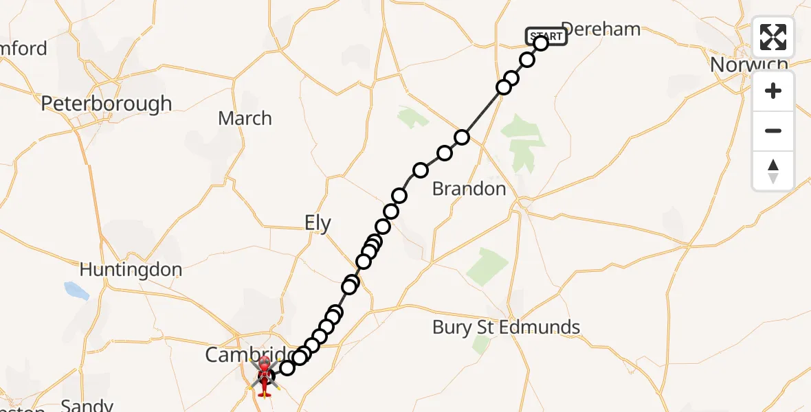 Flight route Air Ambulance Helicopter Little Fransham - Papworth Hospital, 17 August 2026, 09:10
