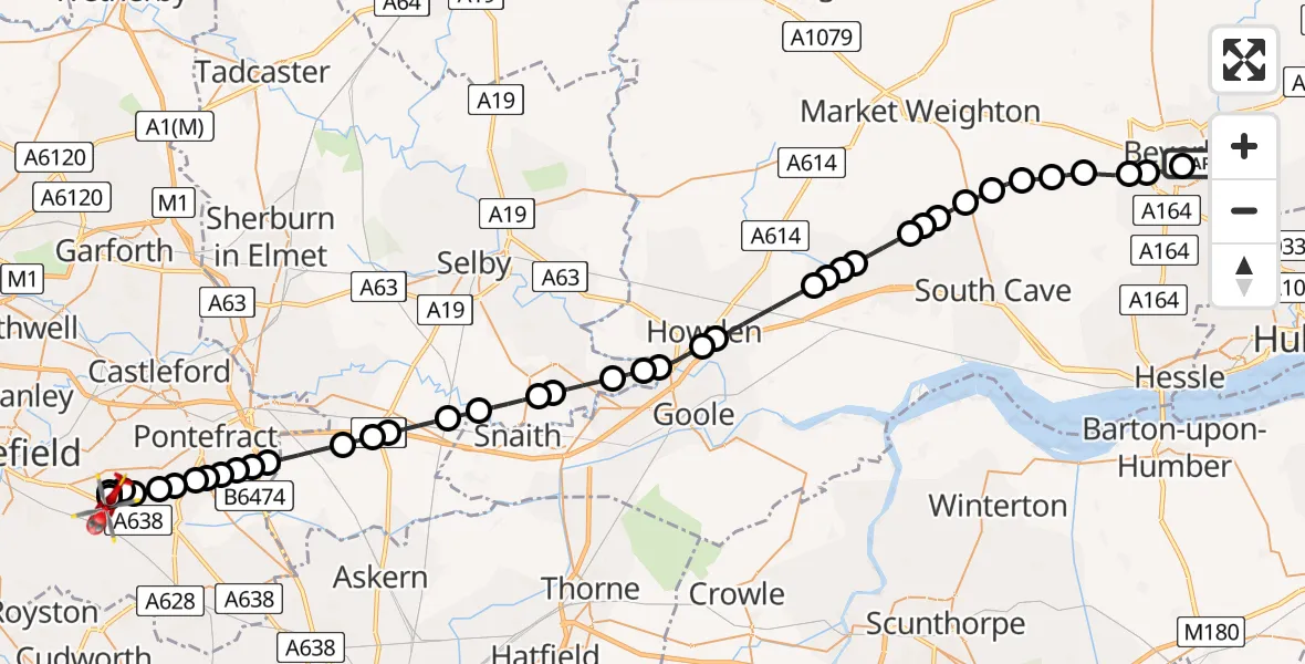Flight route Air Ambulance Helicopter Beverley - YAA Nostell Helicopter Port, 17 August 2026, 09:14