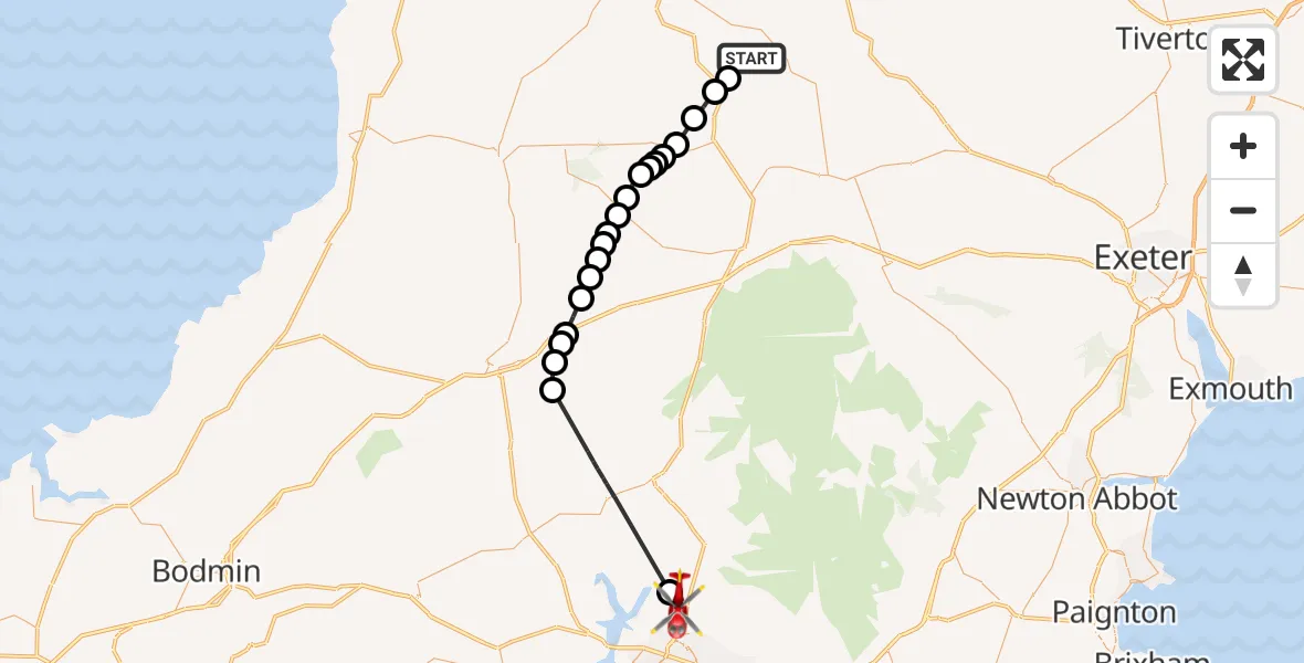 Flight route Air Ambulance Helicopter Dolton - Roborough, 17 August 2026, 09:19