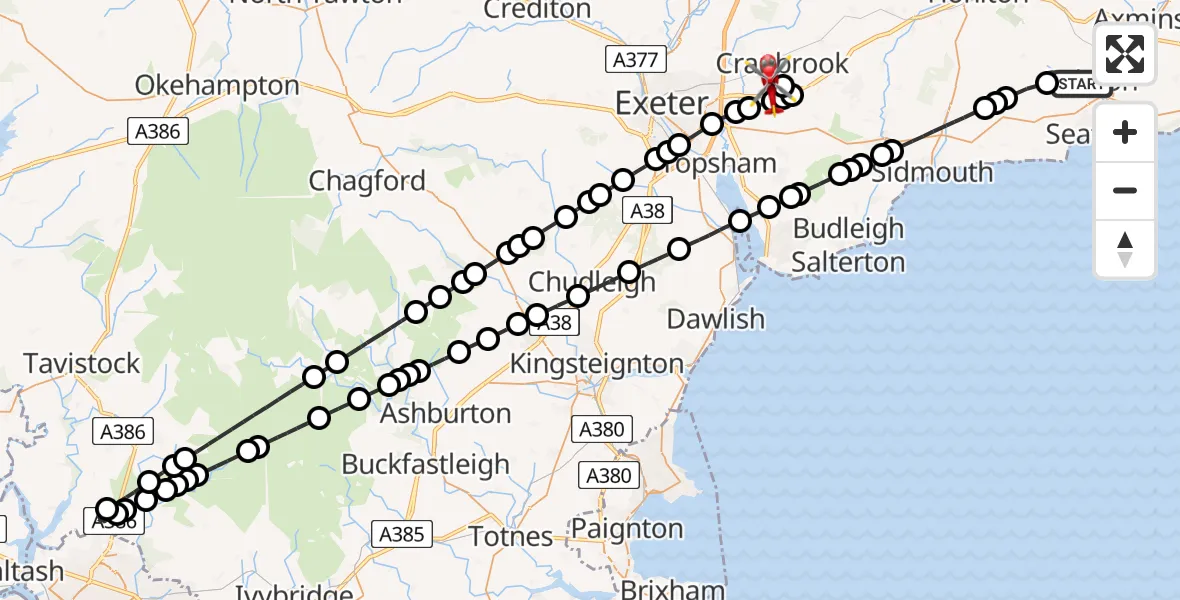 Flight route Air Ambulance Helicopter Colyton - Exeter International Airport, 17 August 2026, 09:20