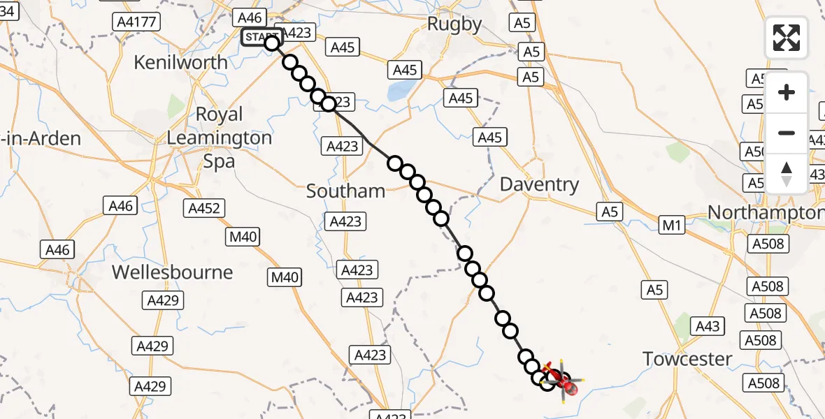 Flight route Air Ambulance Helicopter Coventry Airport - Weston, 17 August 2026, 09:22