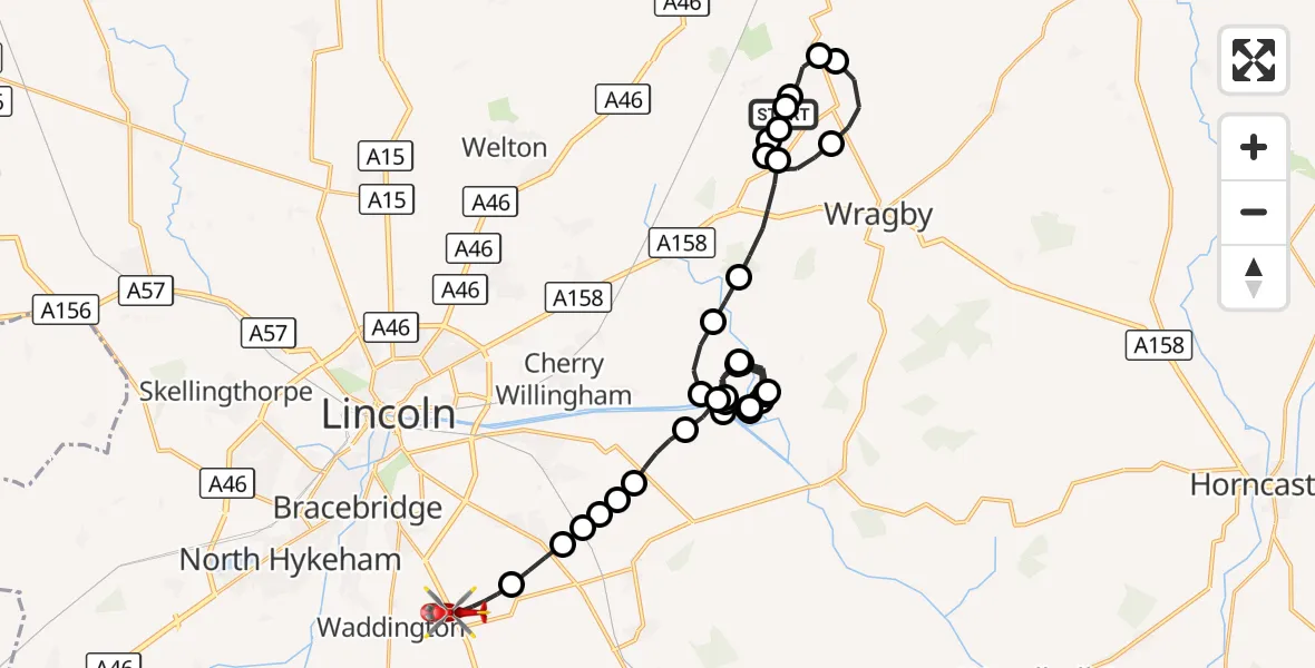 Flight route Air Ambulance Helicopter Wickenby Aerodrome - North Kesteven, 17 August 2026, 09:41
