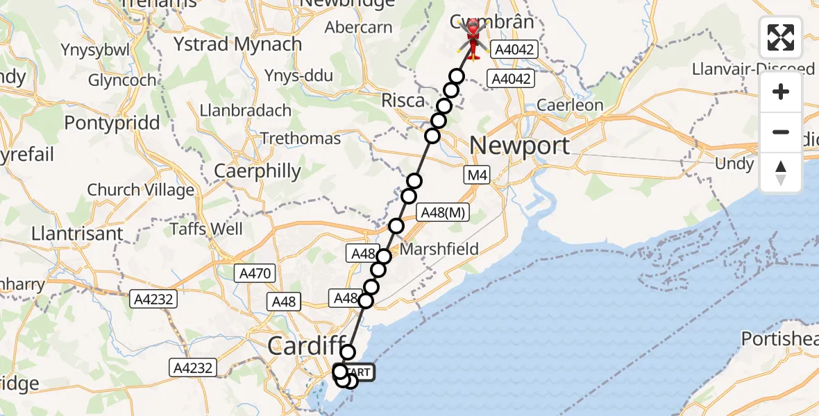Flight route Air Ambulance Helicopter Cardiff Heliport - Cwmbrân, 17 August 2026, 09:53