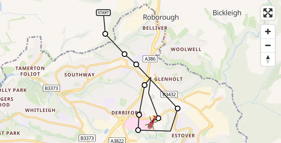 Flight route Air Ambulance Helicopter Roborough - Derriford Hospital, 17 August 2026, 10:02