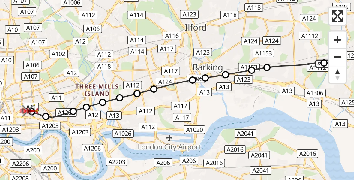 Flight route Air Ambulance Helicopter John Perry Primary School - Royal London Hospital, 17 August 2026, 10:03