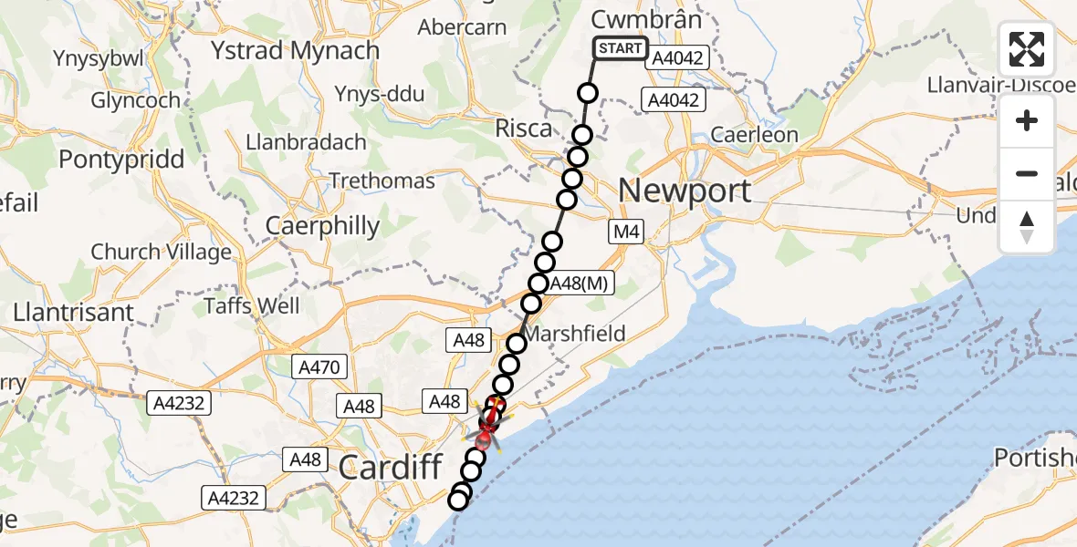 Flight route Air Ambulance Helicopter Cwmbrân - Pengam Green, 17 August 2026, 10:13