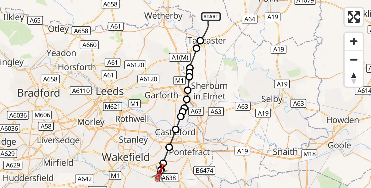 Flight route Air Ambulance Helicopter Healaugh - YAA Nostell Helicopter Port, 17 August 2026, 10:36