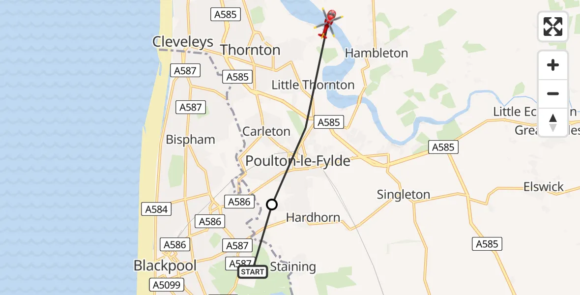 Flight route Air Ambulance Helicopter Blackpool - Hambleton, 17 August 2026, 10:51