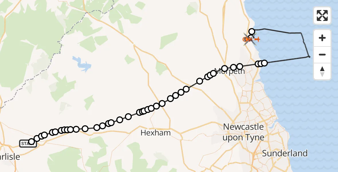 Flight route Coastguard Helicopter Carlisle Lake District Airport - Widdrington Village, 17 August 2026, 10:54