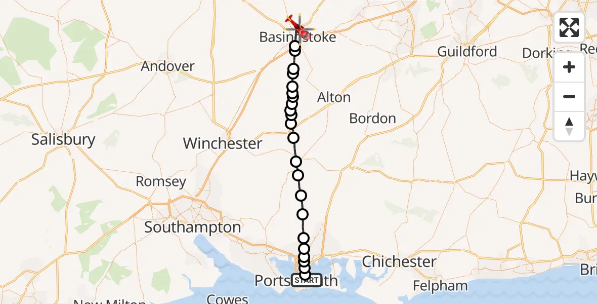 Flight route Air Ambulance Helicopter Baffins - Basingstoke, 17 August 2026, 10:55