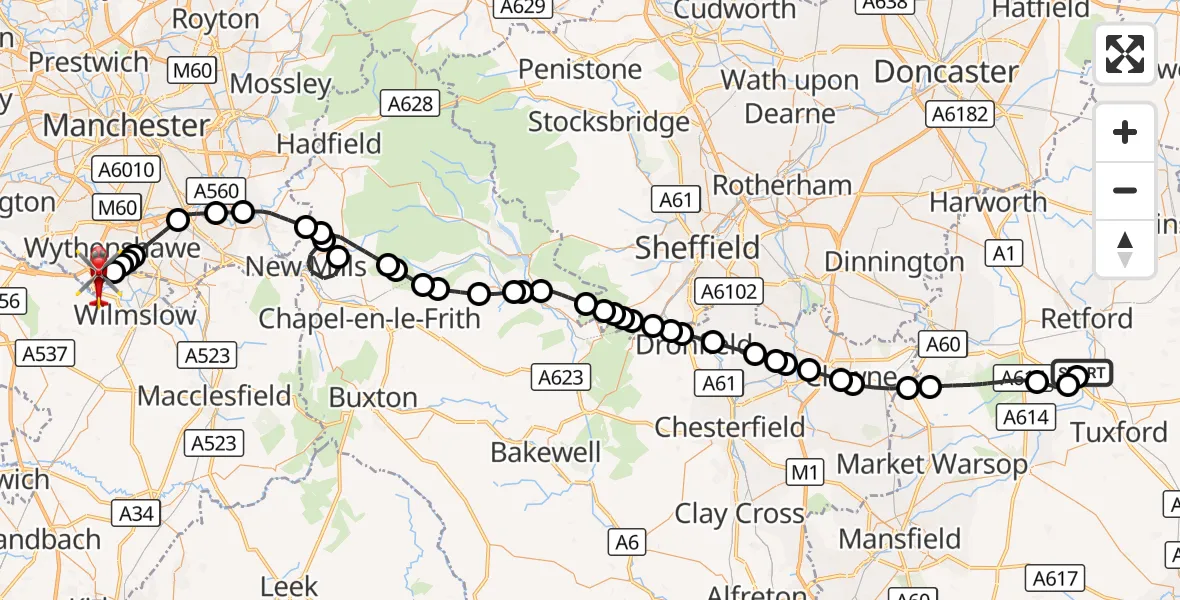 Flight route Air Ambulance Helicopter Retford Gamston Airport - Manchester Airport, 17 August 2026, 10:55