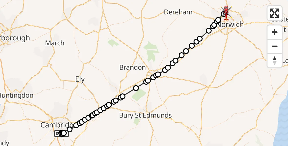 Flight route Air Ambulance Helicopter Papworth Hospital - Norwich Airport, 17 August 2026, 10:59