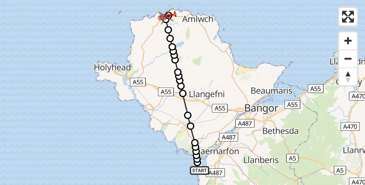 Flight route Air Ambulance Helicopter Caernarfon Airport - Burwen, 17 August 2026, 11:05