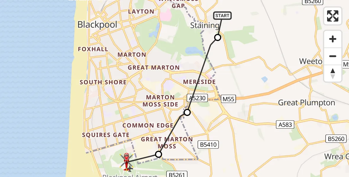 Flight route Air Ambulance Helicopter Staining - Blackpool Airport, 17 August 2026, 11:05
