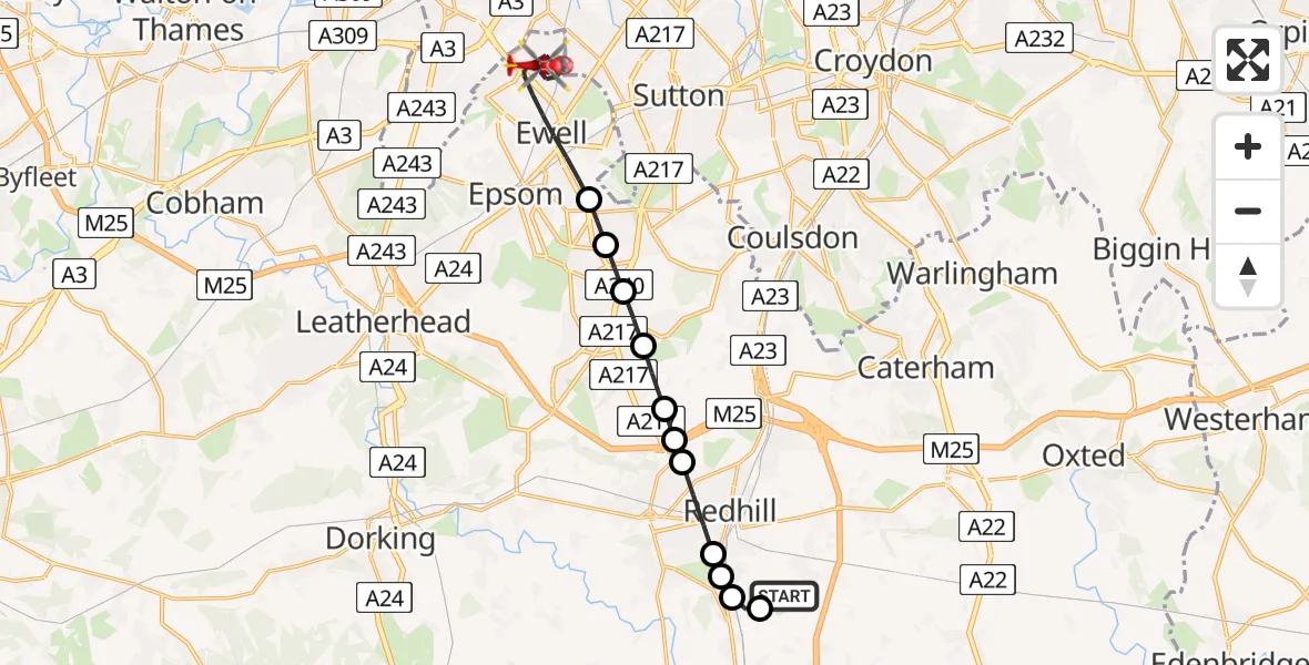 Flight route Air Ambulance Helicopter Redhill Aerodrome - Ewell, 17 August 2026, 11:10