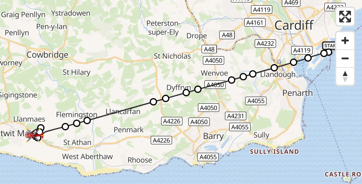 Flight route Air Ambulance Helicopter Cardiff Heliport - Boverton, 17 August 2026, 11:16