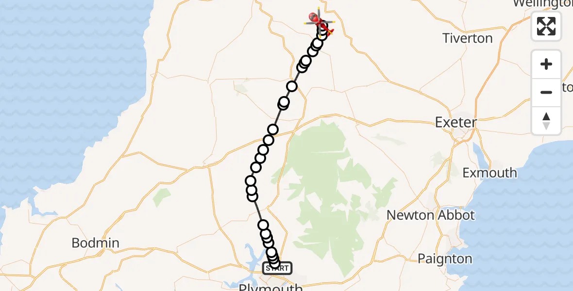 Flight route Air Ambulance Helicopter Derriford - Burrington, 17 August 2026, 11:18