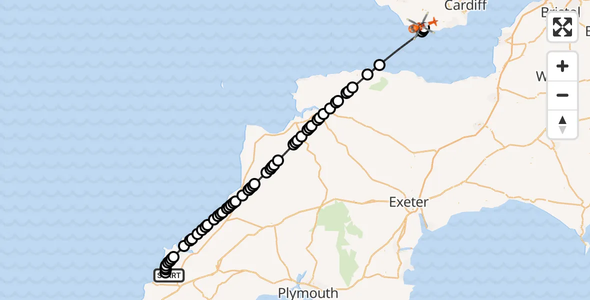 Flight route Coastguard Helicopter Cornwall Airport Newquay - MOD St Athan, 17 August 2026, 11:40