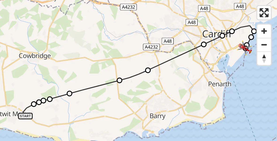 Flight route Air Ambulance Helicopter Boverton - Cardiff Heliport, 17 August 2026, 11:52