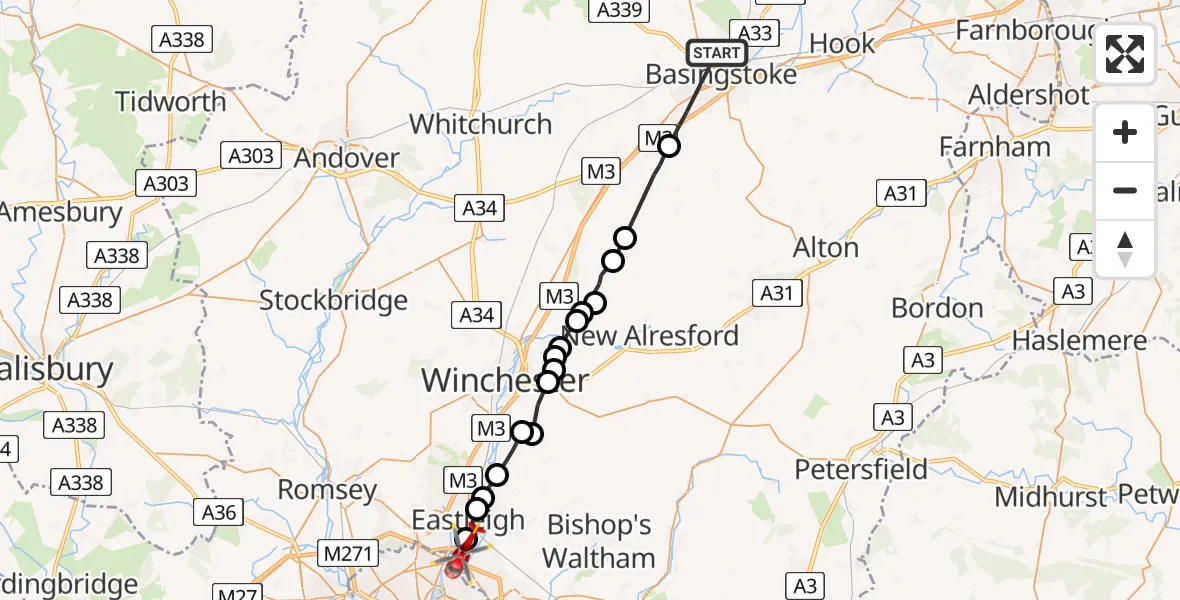 Flight route Air Ambulance Helicopter Basingstoke - Southampton Airport, 17 August 2026, 11:53