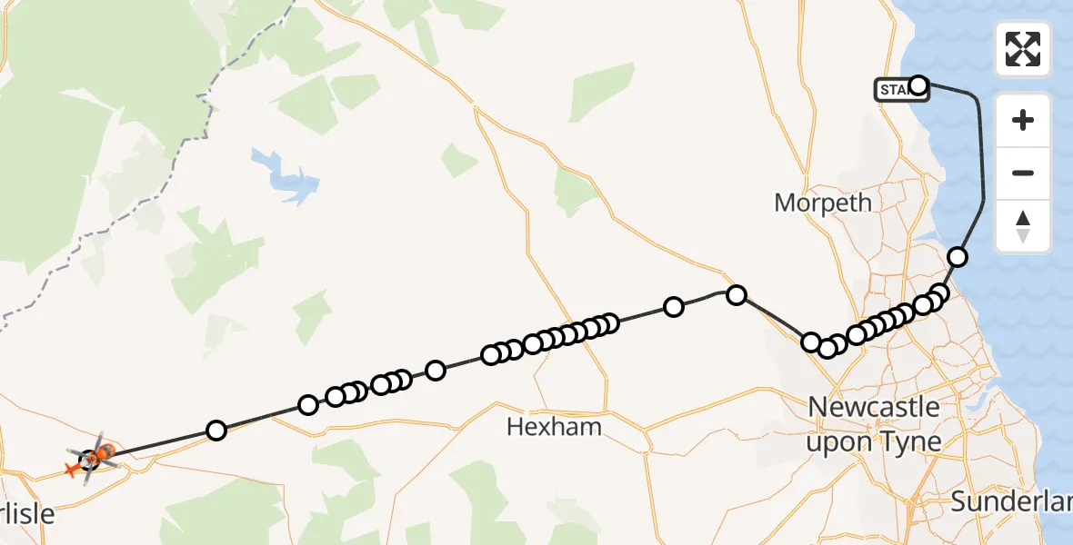 Flight route Coastguard Helicopter Widdrington Village - Carlisle Lake District Airport, 17 August 2026, 12:00