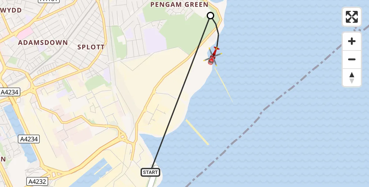 Flight route Air Ambulance Helicopter Cardiff Heliport - Trowbridge, 17 August 2026, 12:02