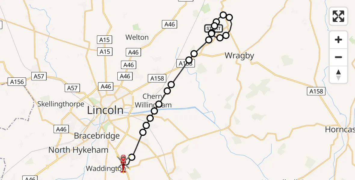 Flight route Air Ambulance Helicopter Wickenby Aerodrome - North Kesteven, 17 August 2026, 12:02