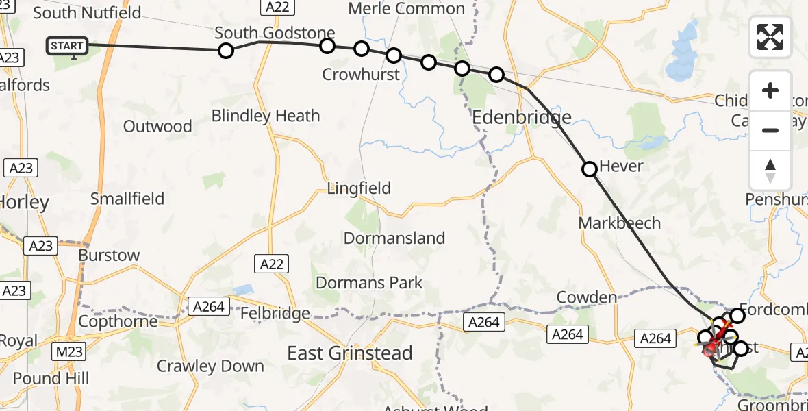 Flight route Air Ambulance Helicopter Redhill Aerodrome - Ashurst, 17 August 2026, 12:28