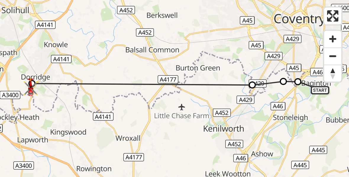 Flight route Air Ambulance Helicopter Coventry Airport - Solihull, 17 August 2026, 12:29
