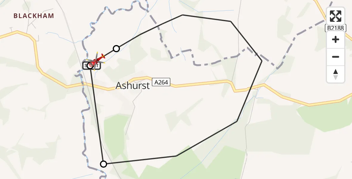 Flight route Air Ambulance Helicopter Speldhurst - Ashurst, 17 August 2026, 12:50