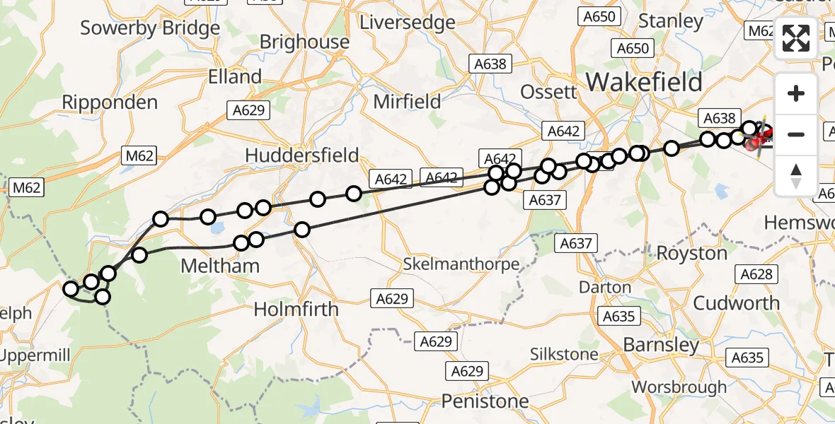 Flight route Air Ambulance Helicopter YAA Nostell Helicopter Port - YAA Nostell Helicopter Port, 17 August 2026, 12:51