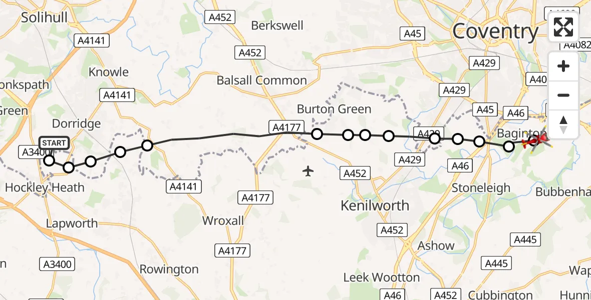 Flight route Air Ambulance Helicopter Solihull - Coventry Airport, 17 August 2026, 12:53
