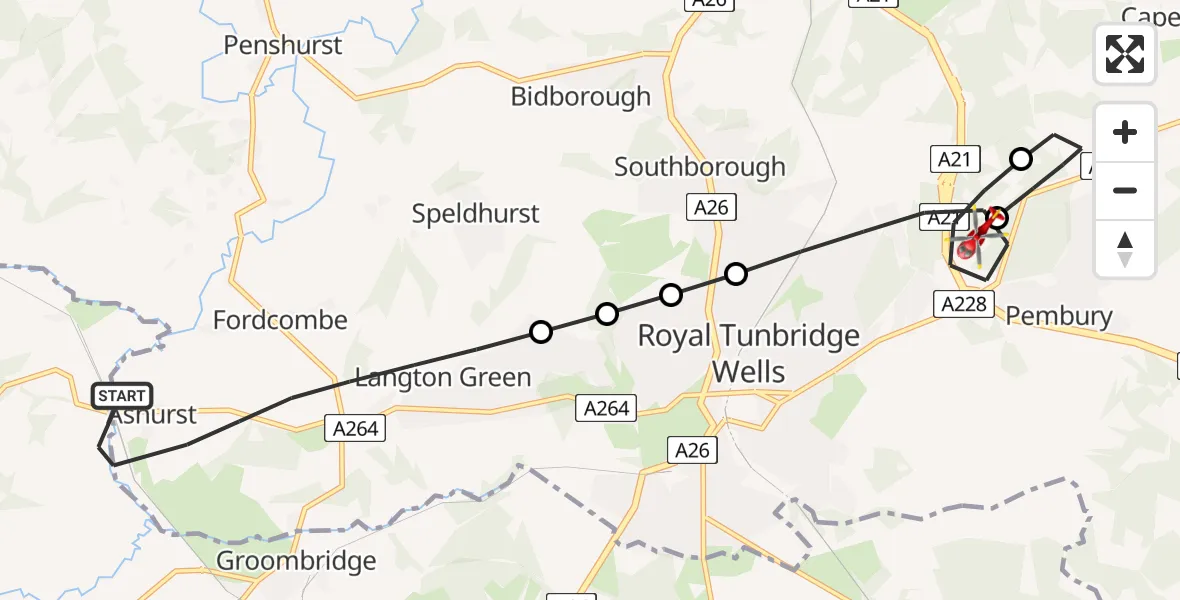 Flight route Air Ambulance Helicopter Speldhurst - Royal Tunbridge Wells, 17 August 2026, 12:53