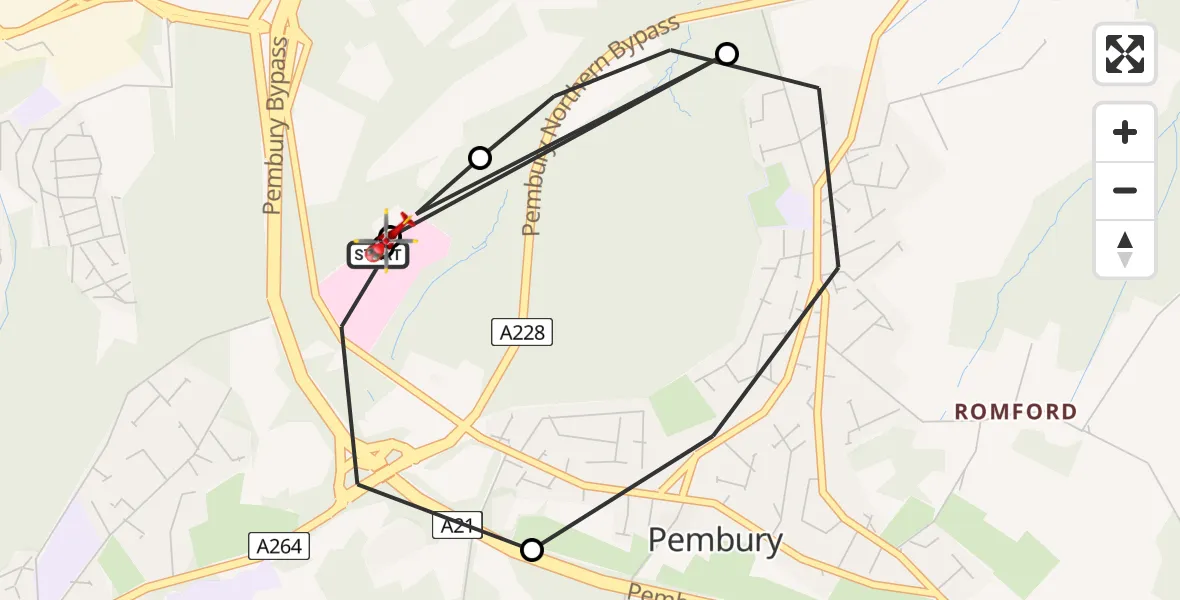 Flight route Air Ambulance Helicopter Tunbridge Wells Hospital Heliport - Royal Tunbridge Wells, 17 August 2026, 13:15